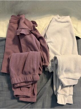 Waffle Knit Lounge Set - Dusty Mauve & Light blue